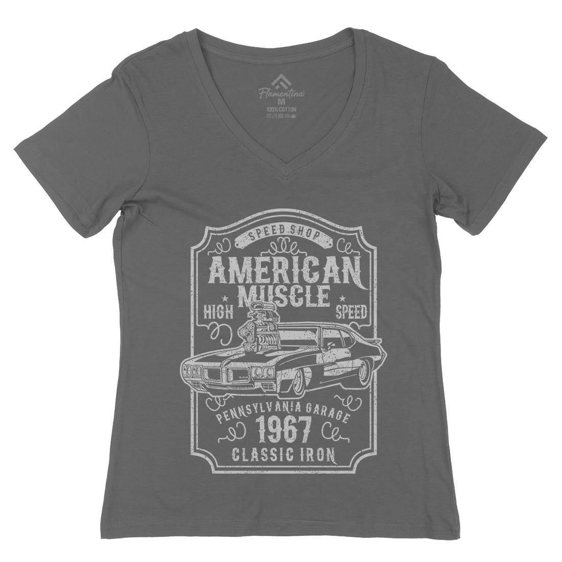 American Muscle Womens Organic V-Neck T-Shirt Cars B178