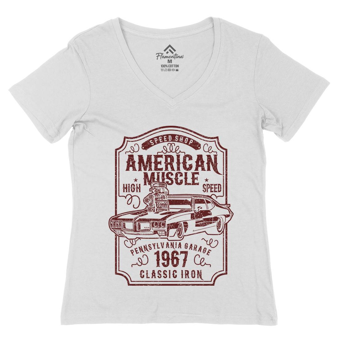 American Muscle Womens Organic V-Neck T-Shirt Cars B178