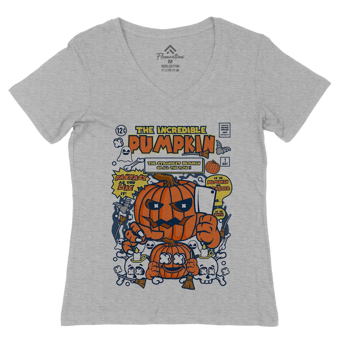 The Incredible Pumpkin Womens Organic V-Neck T-Shirt Halloween C678