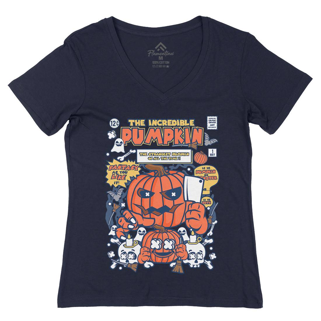 The Incredible Pumpkin Womens Organic V-Neck T-Shirt Halloween C678
