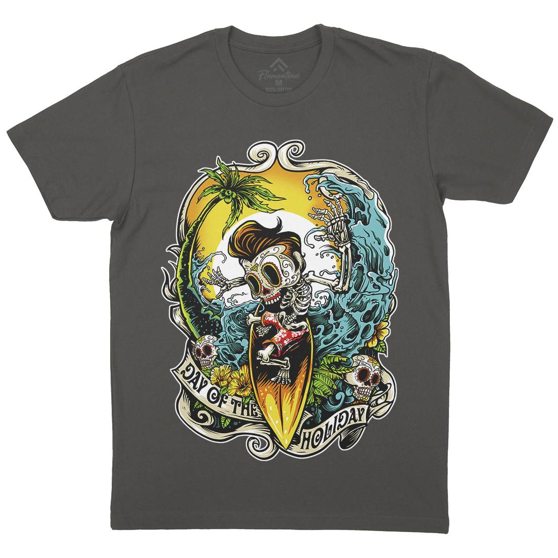 Skull Mens Organic Crew Neck T-Shirt Holiday D083