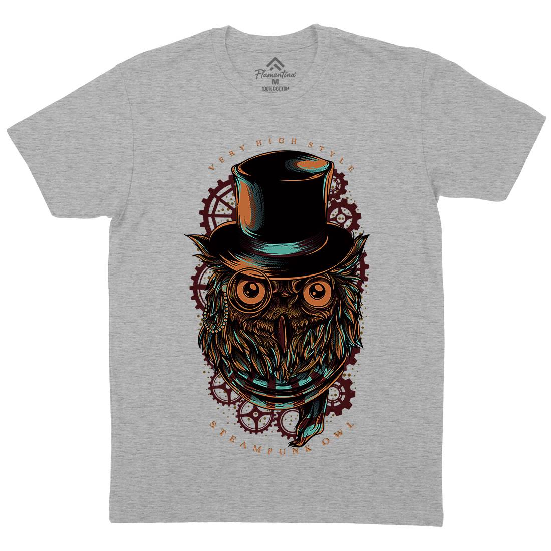 Owl Mens Organic Crew Neck T-Shirt Steampunk D838