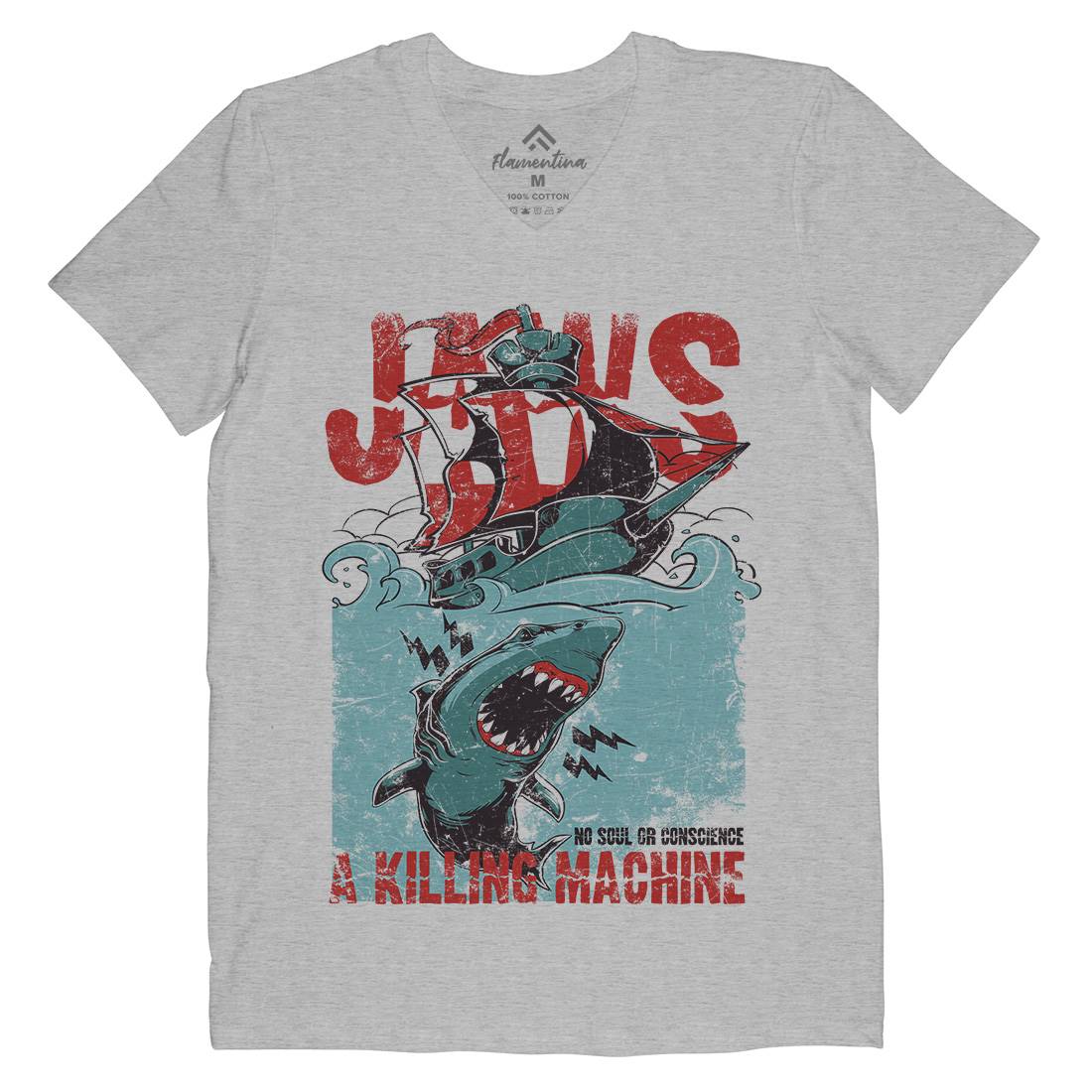 Jaws Mens Organic V-Neck T-Shirt Horror A000