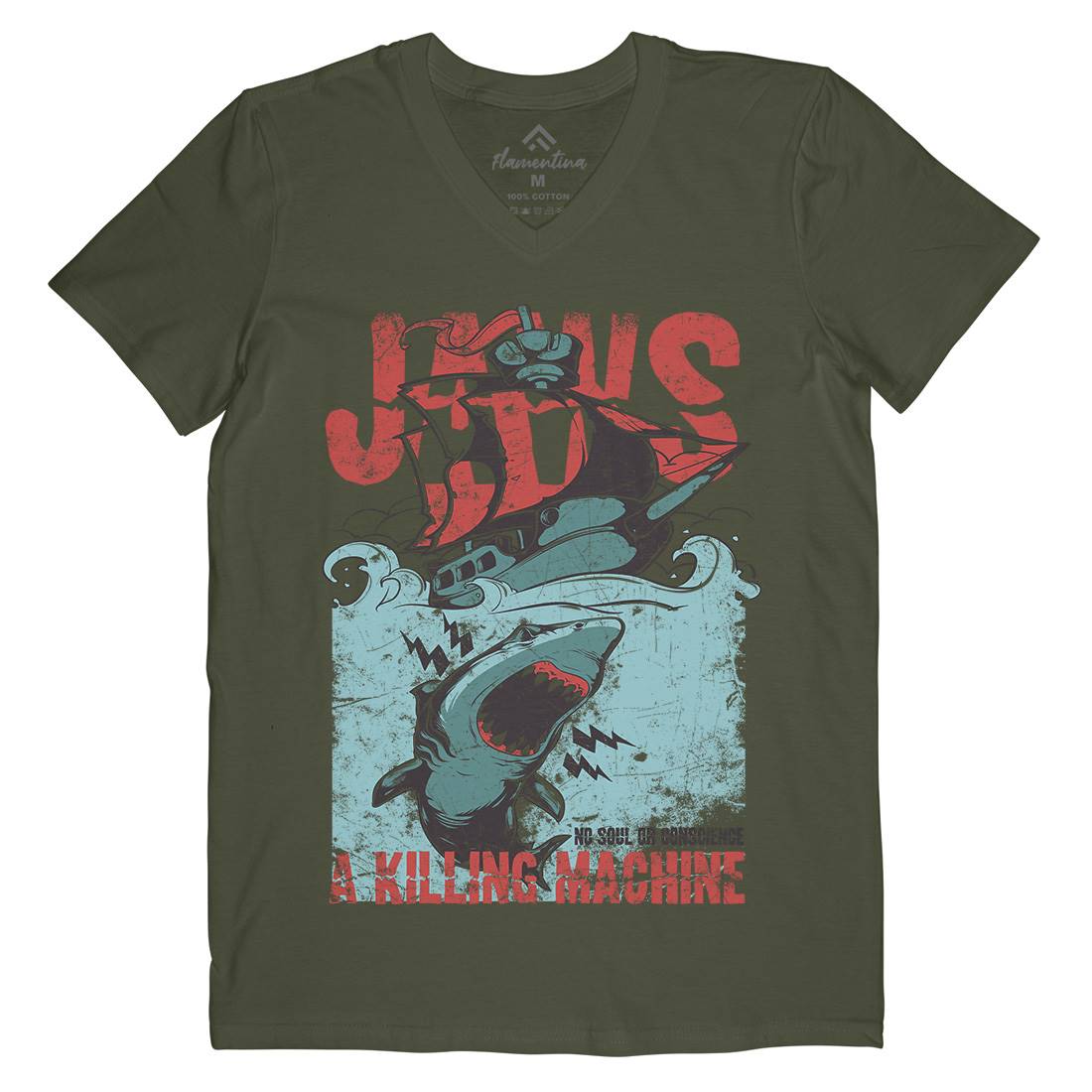 Jaws Mens Organic V-Neck T-Shirt Horror A000