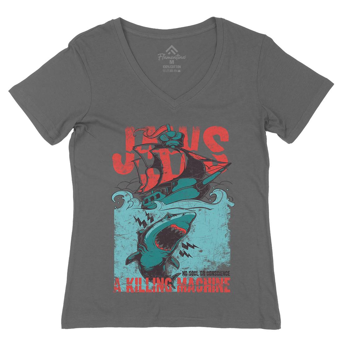 Jaws Womens Organic V-Neck T-Shirt Horror A000