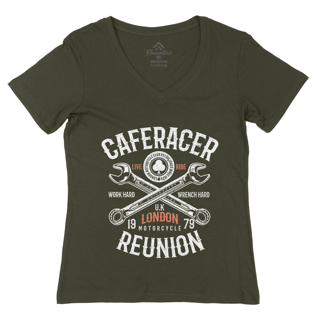 Caferacer Reunion Womens Organic V-Neck T-Shirt Motorcycles A025