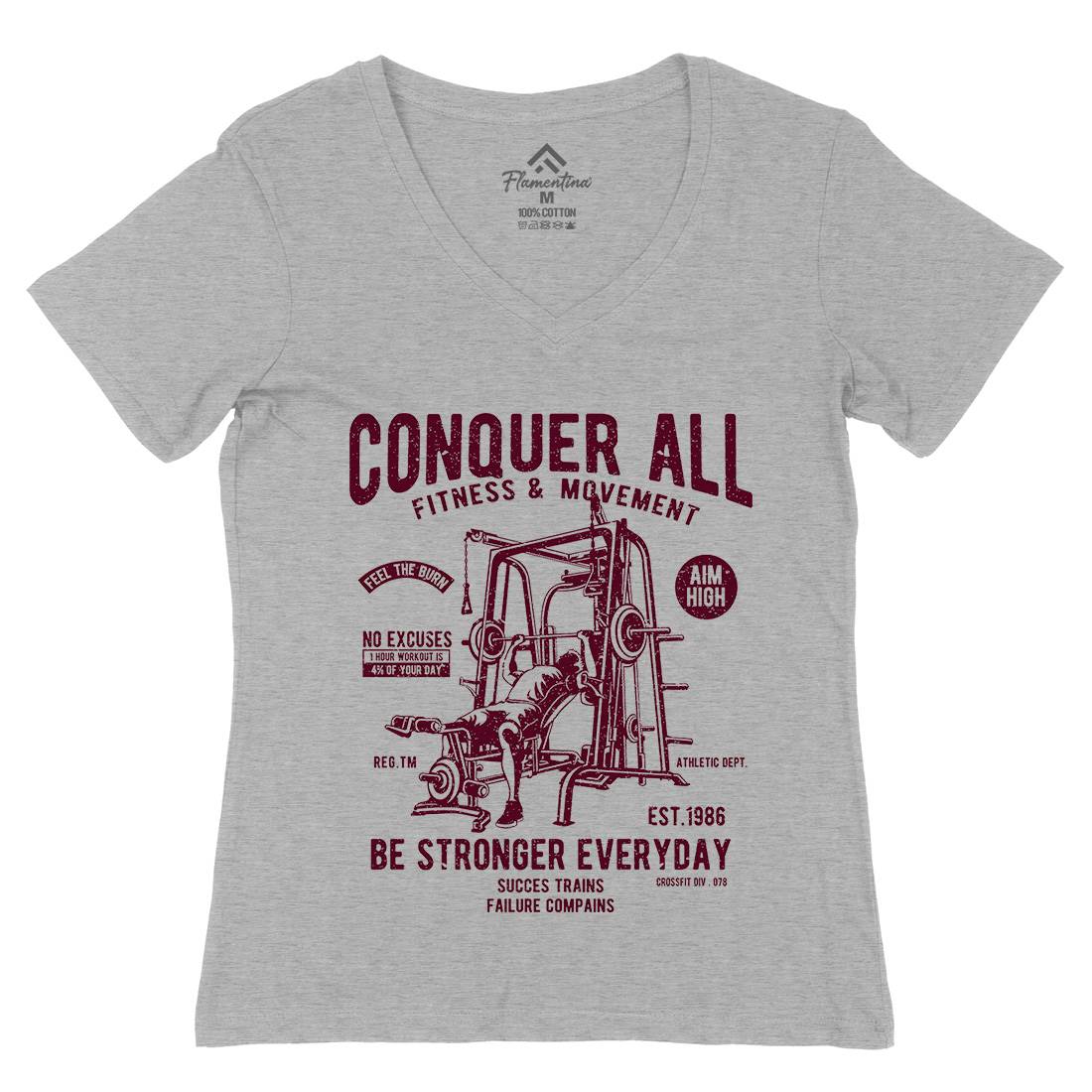 Conquer All Womens Organic V-Neck T-Shirt Gym A038