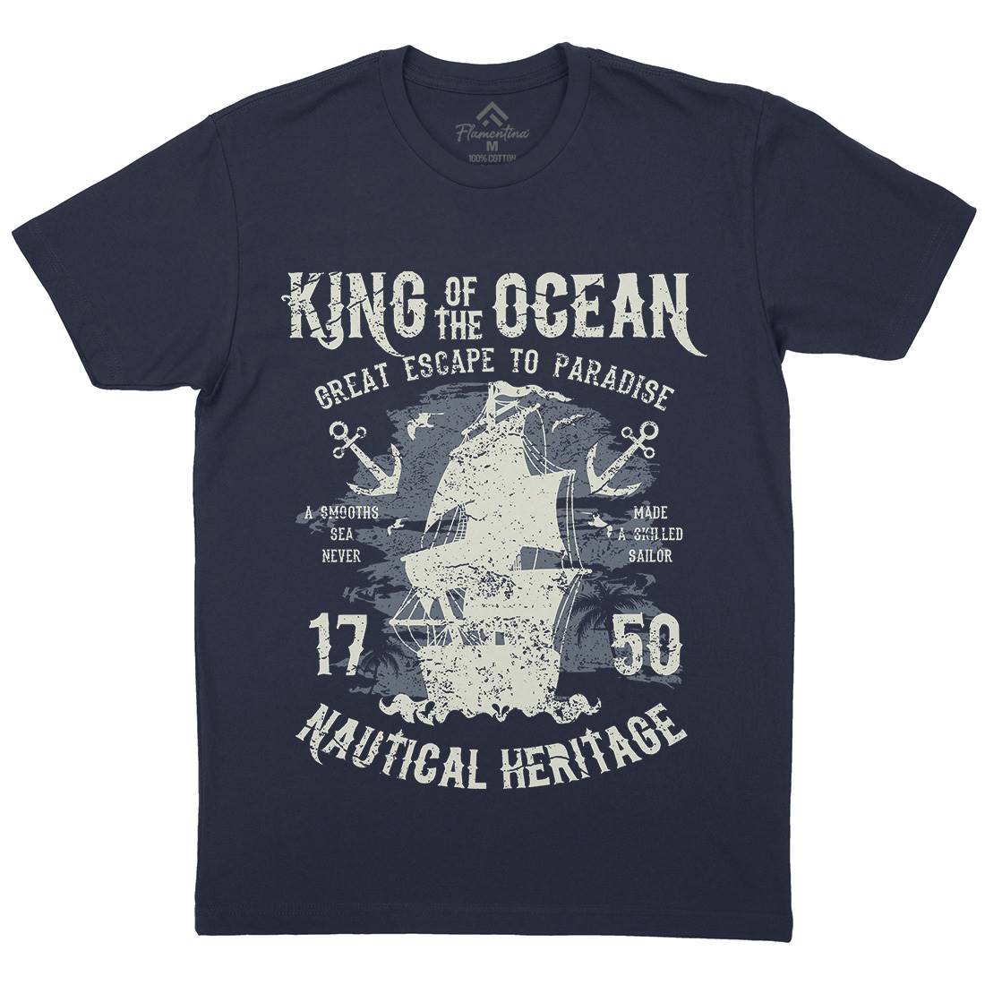 King Of The Ocean Mens Organic Crew Neck T-Shirt Navy A077