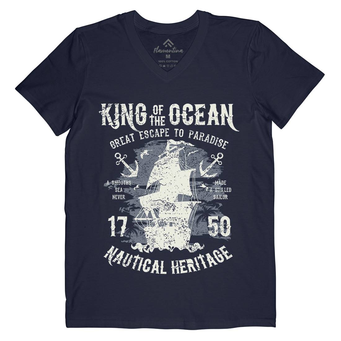 King Of The Ocean Mens Organic V-Neck T-Shirt Navy A077