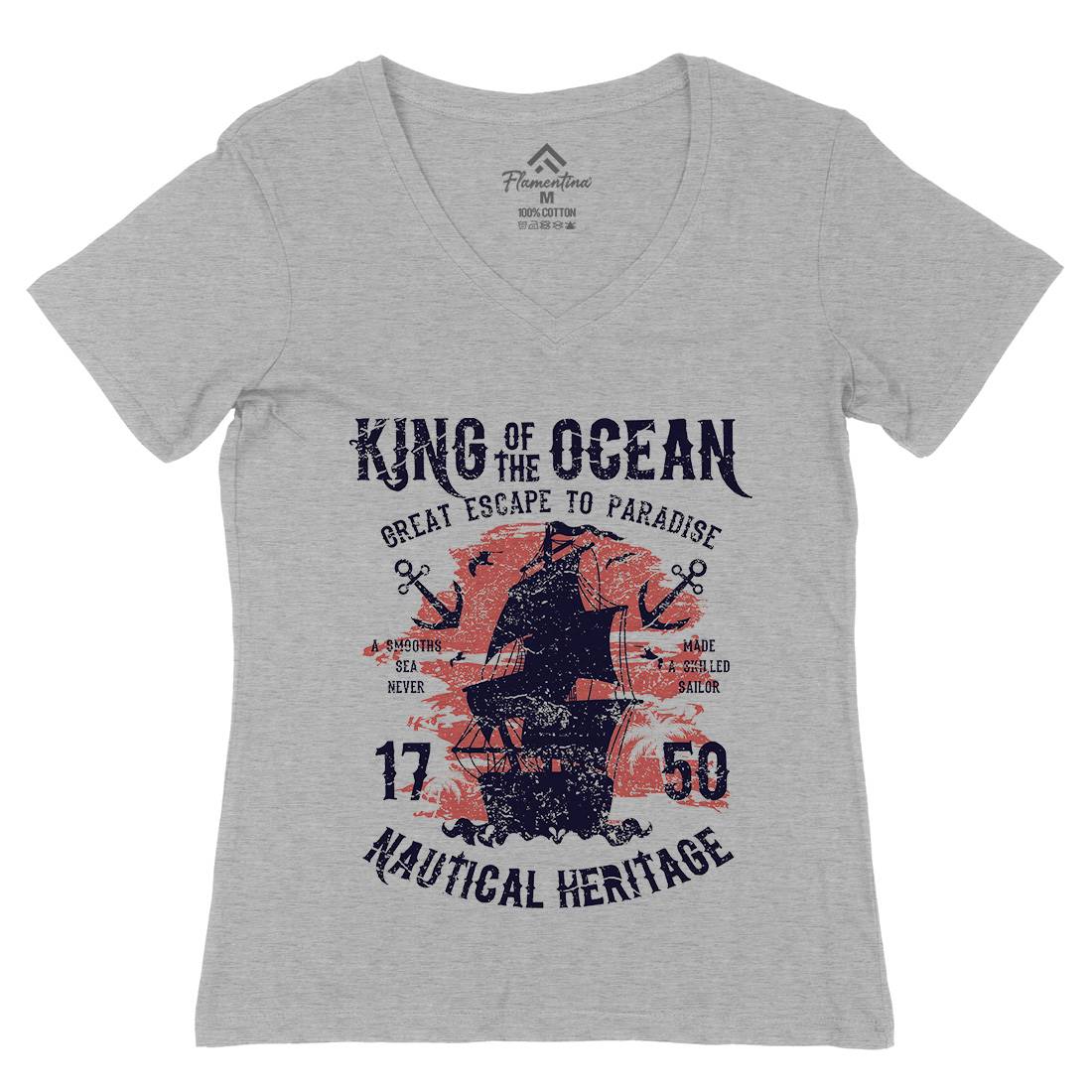 King Of The Ocean Womens Organic V-Neck T-Shirt Navy A077