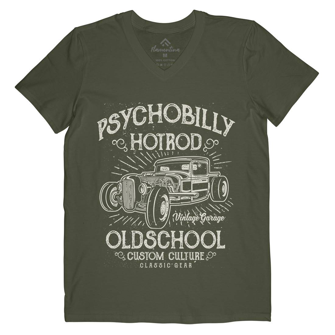 Psychobilly Hotrod Mens Organic V-Neck T-Shirt Cars A113