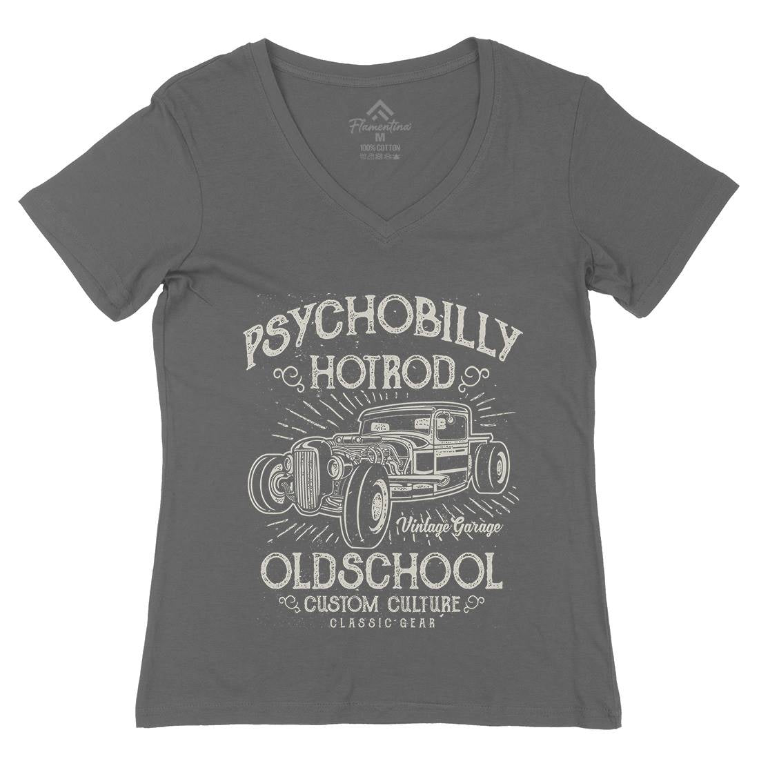 Psychobilly Hotrod Womens Organic V-Neck T-Shirt Cars A113