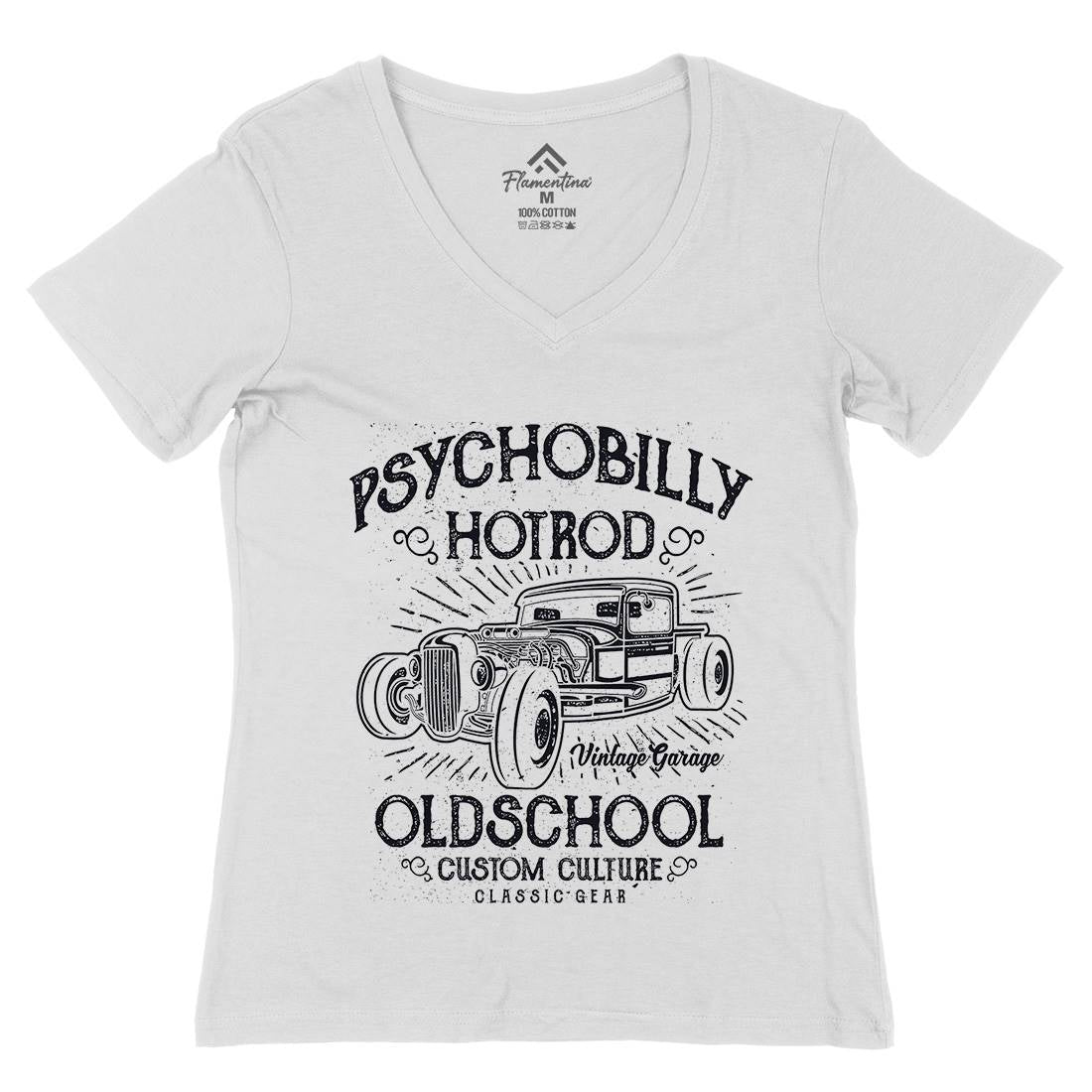 Psychobilly Hotrod Womens Organic V-Neck T-Shirt Cars A113