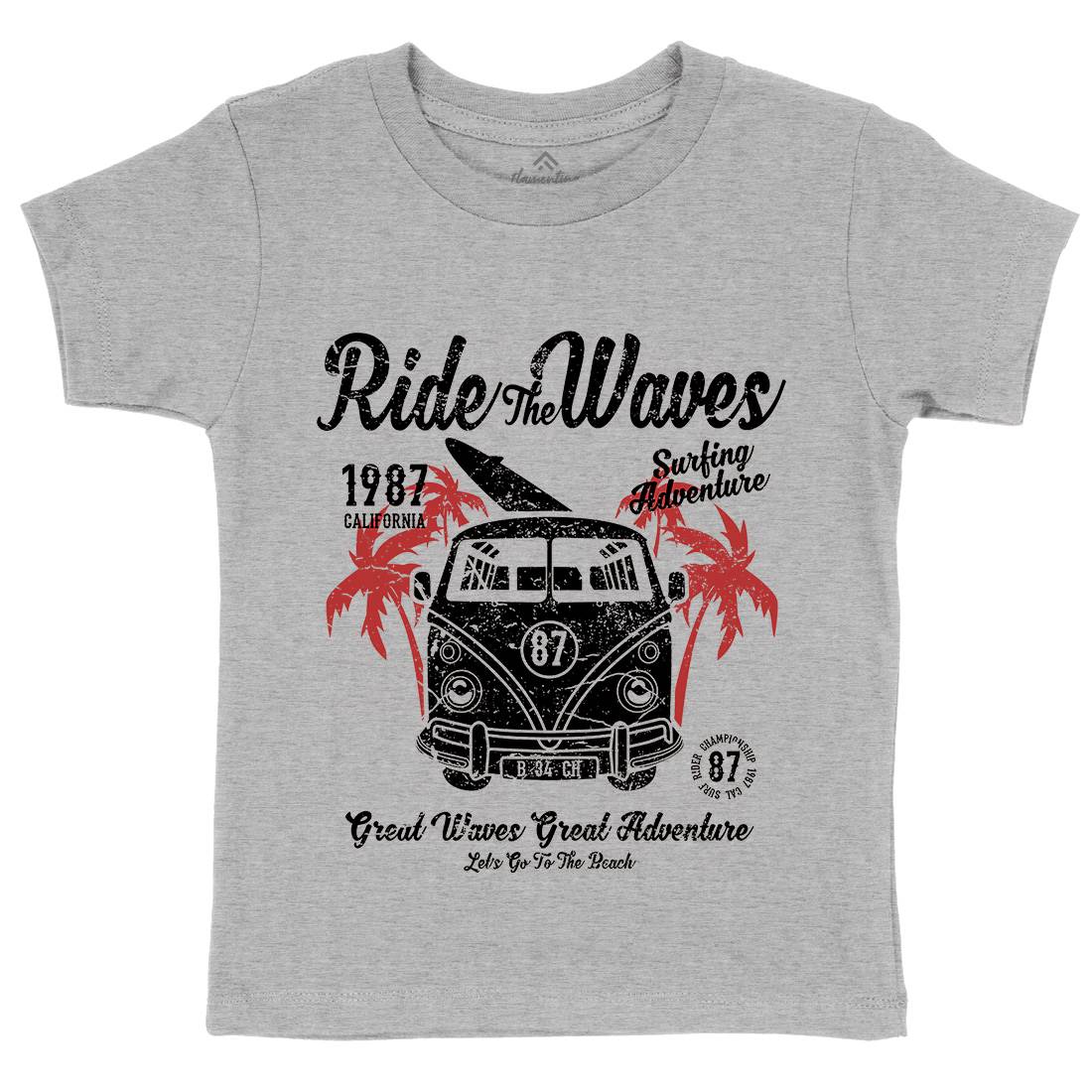 Ride The Waves Kids Organic Crew Neck T-Shirt Surf A119