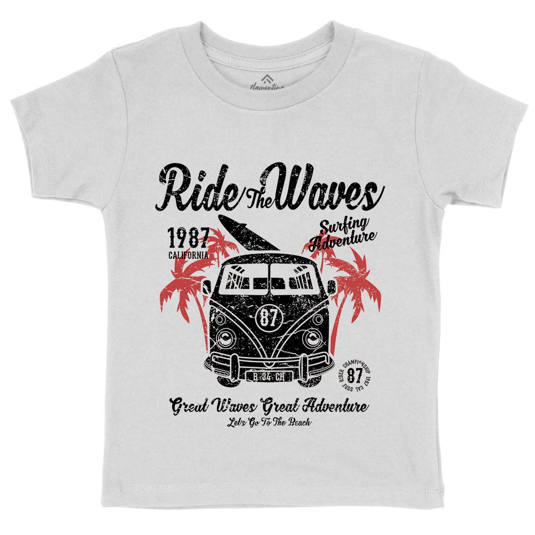 Ride The Waves Kids Organic Crew Neck T-Shirt Surf A119