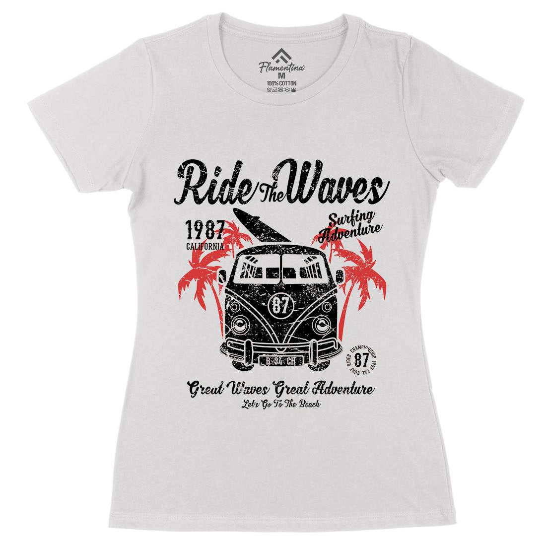 Ride The Waves Womens Organic Crew Neck T-Shirt Surf A119