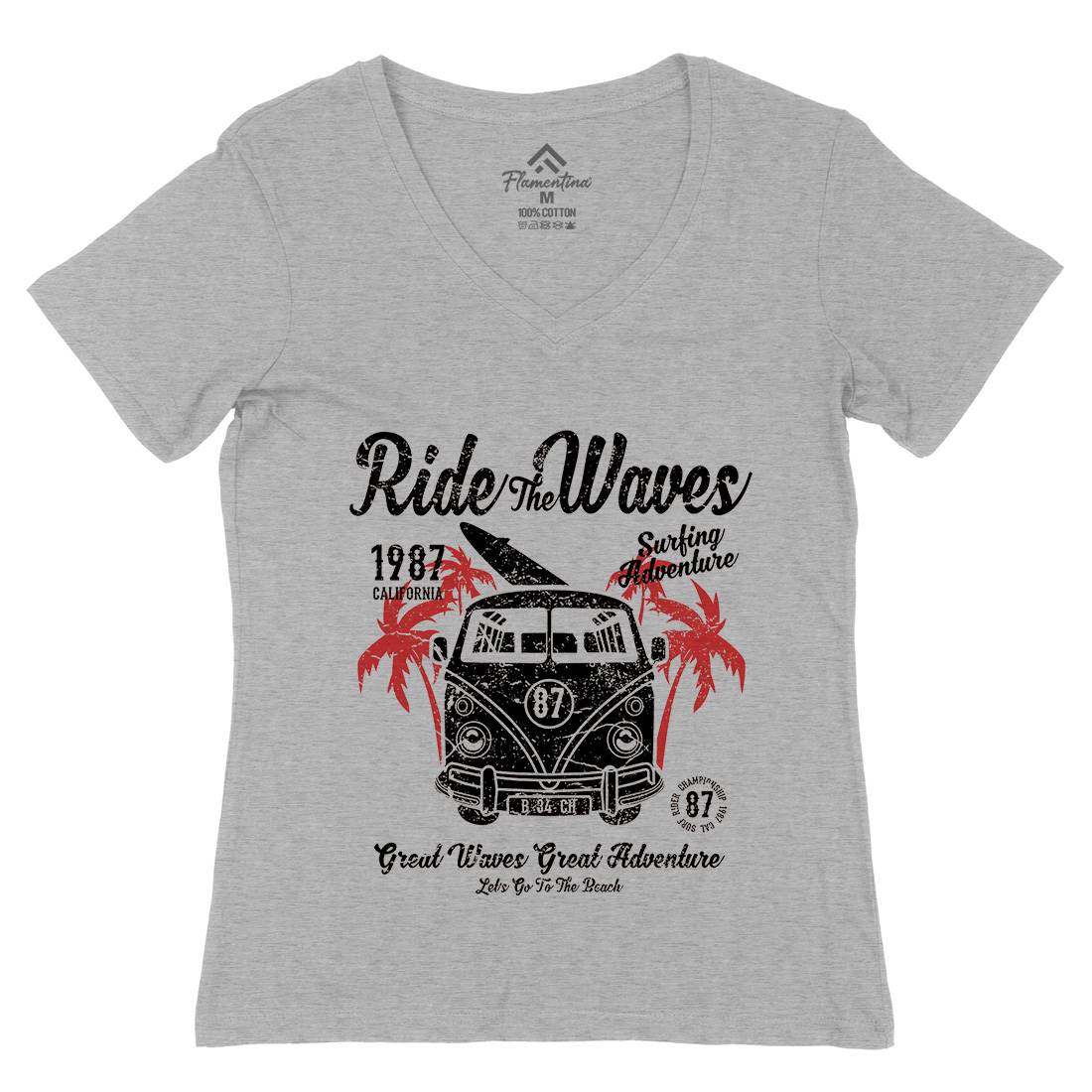 Ride The Waves Womens Organic V-Neck T-Shirt Surf A119