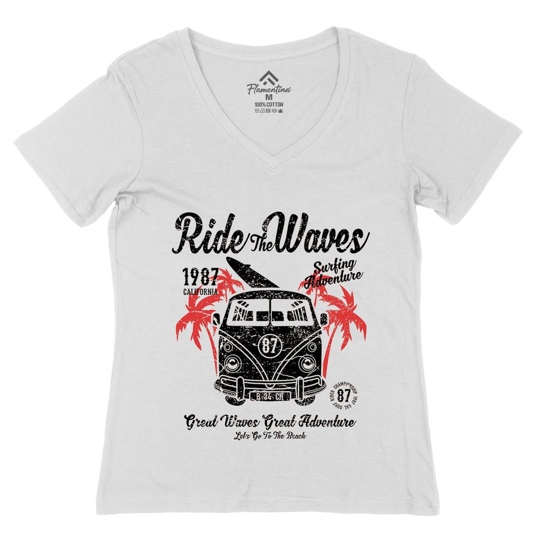 Ride The Waves Womens Organic V-Neck T-Shirt Surf A119