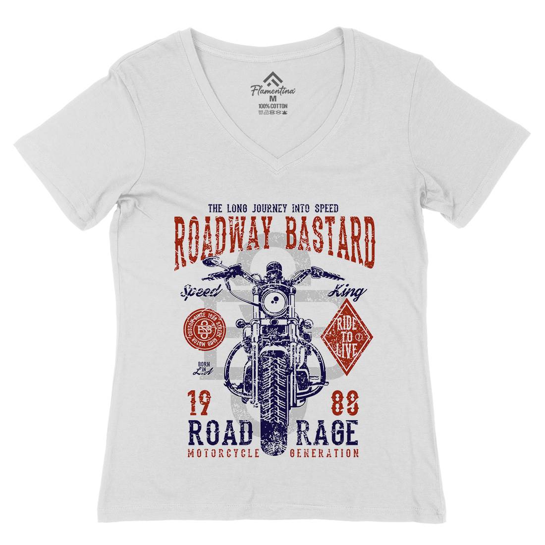 Roadway Bastard Womens Organic V-Neck T-Shirt Motorcycles A123
