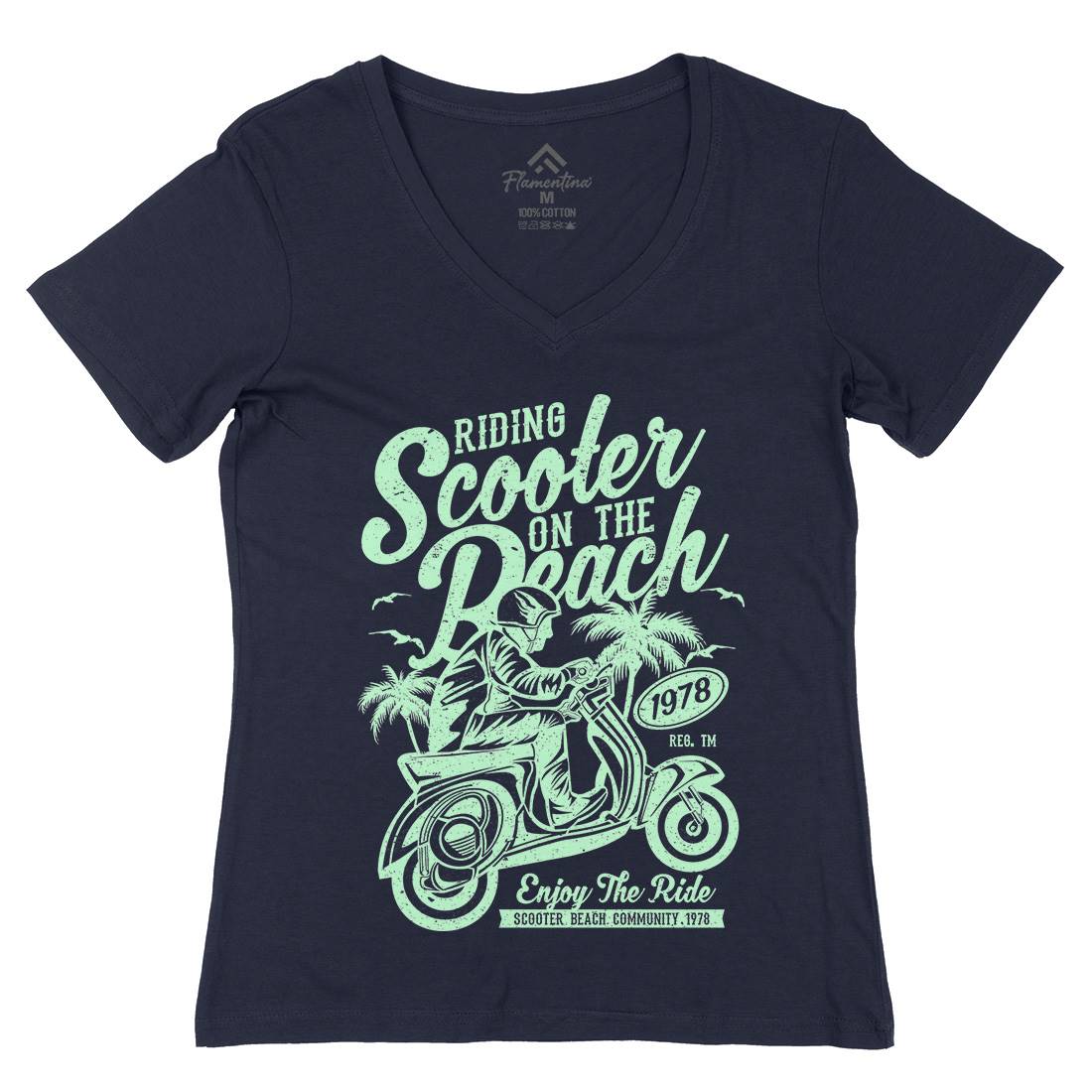 Scooter Beach Womens Organic V-Neck T-Shirt Motorcycles A134