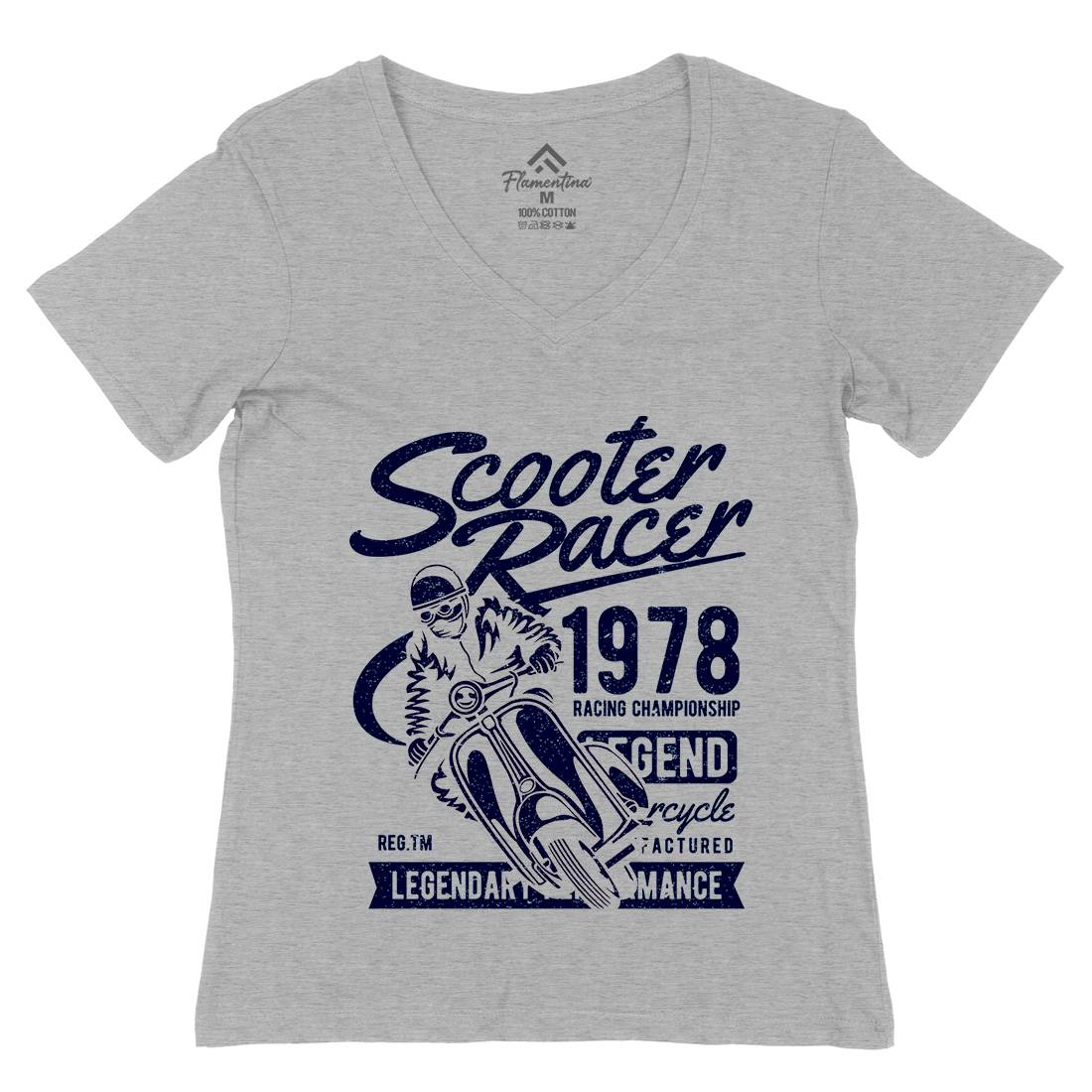 Scooter Racer Womens Organic V-Neck T-Shirt Motorcycles A136