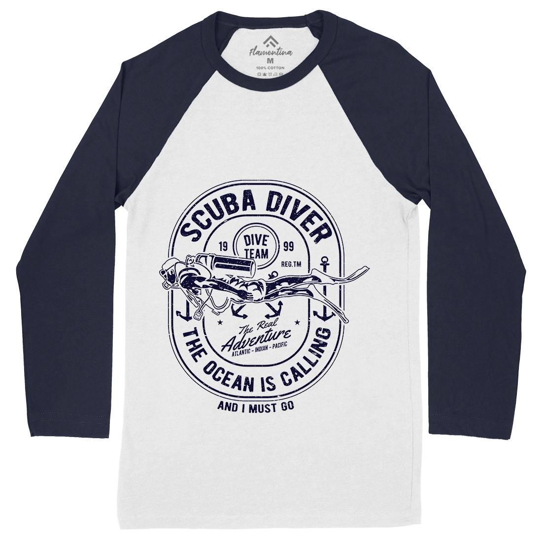 Scuba Diver Mens Long Sleeve Baseball T-Shirt Navy A138