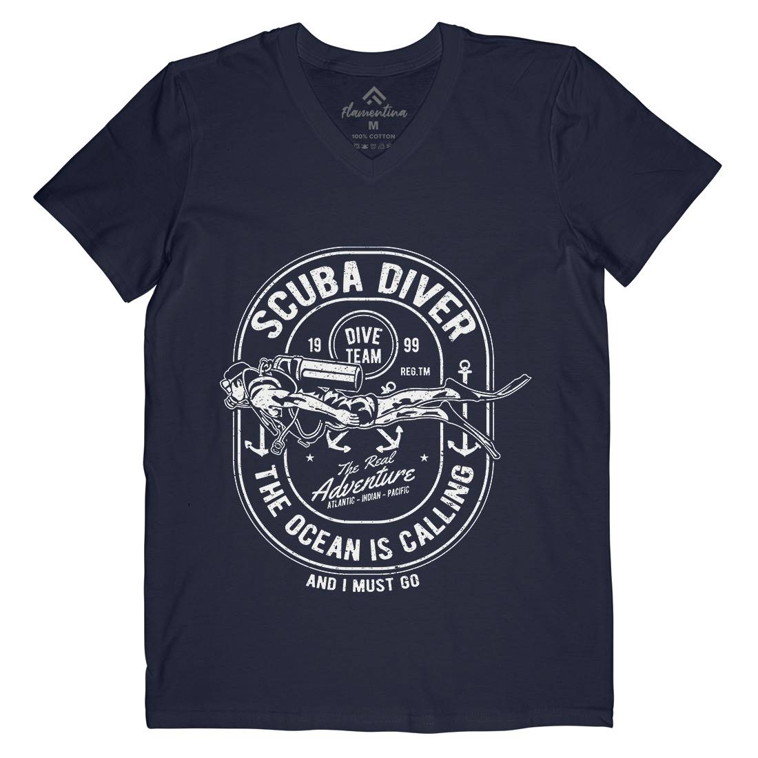 Scuba Diver Mens Organic V-Neck T-Shirt Navy A138