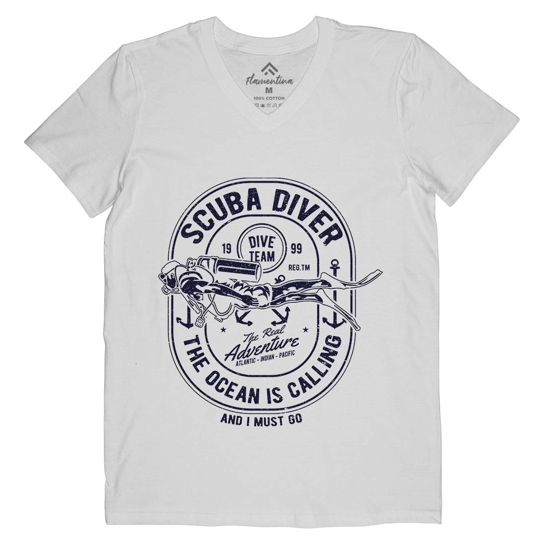 Scuba Diver Mens Organic V-Neck T-Shirt Navy A138