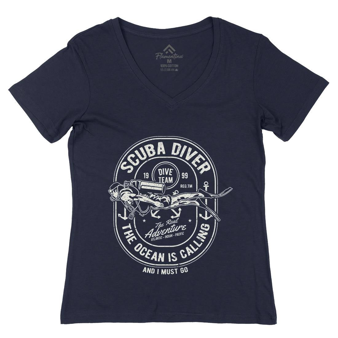 Scuba Diver Womens Organic V-Neck T-Shirt Navy A138