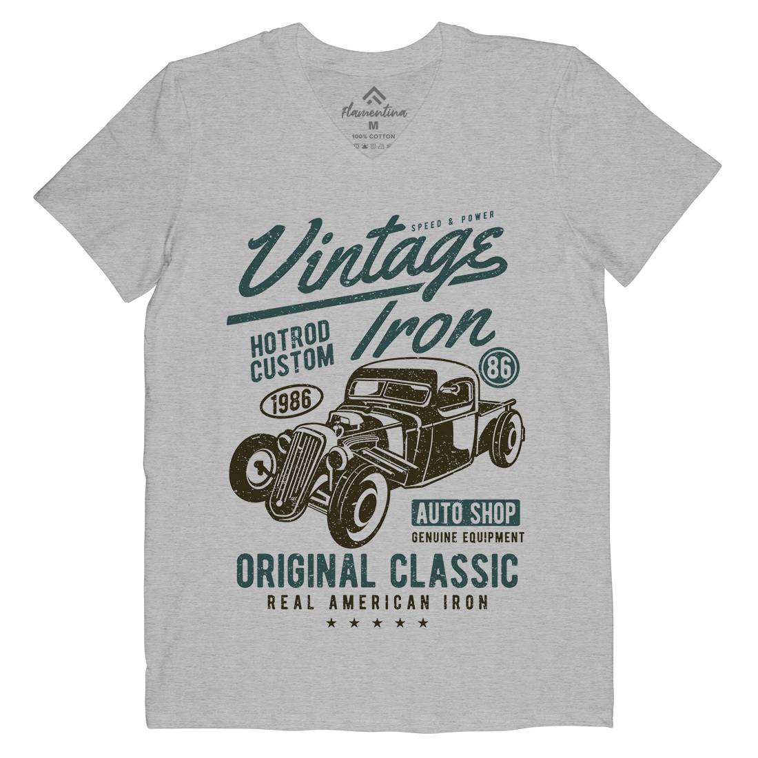 Vintage Iron Mens Organic V-Neck T-Shirt Cars A192