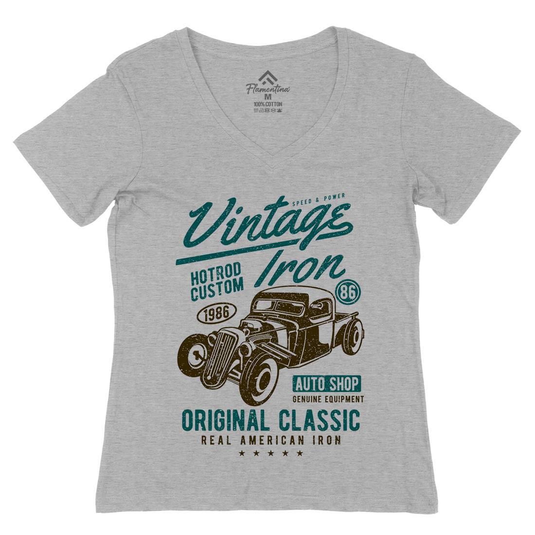 Vintage Iron Womens Organic V-Neck T-Shirt Cars A192