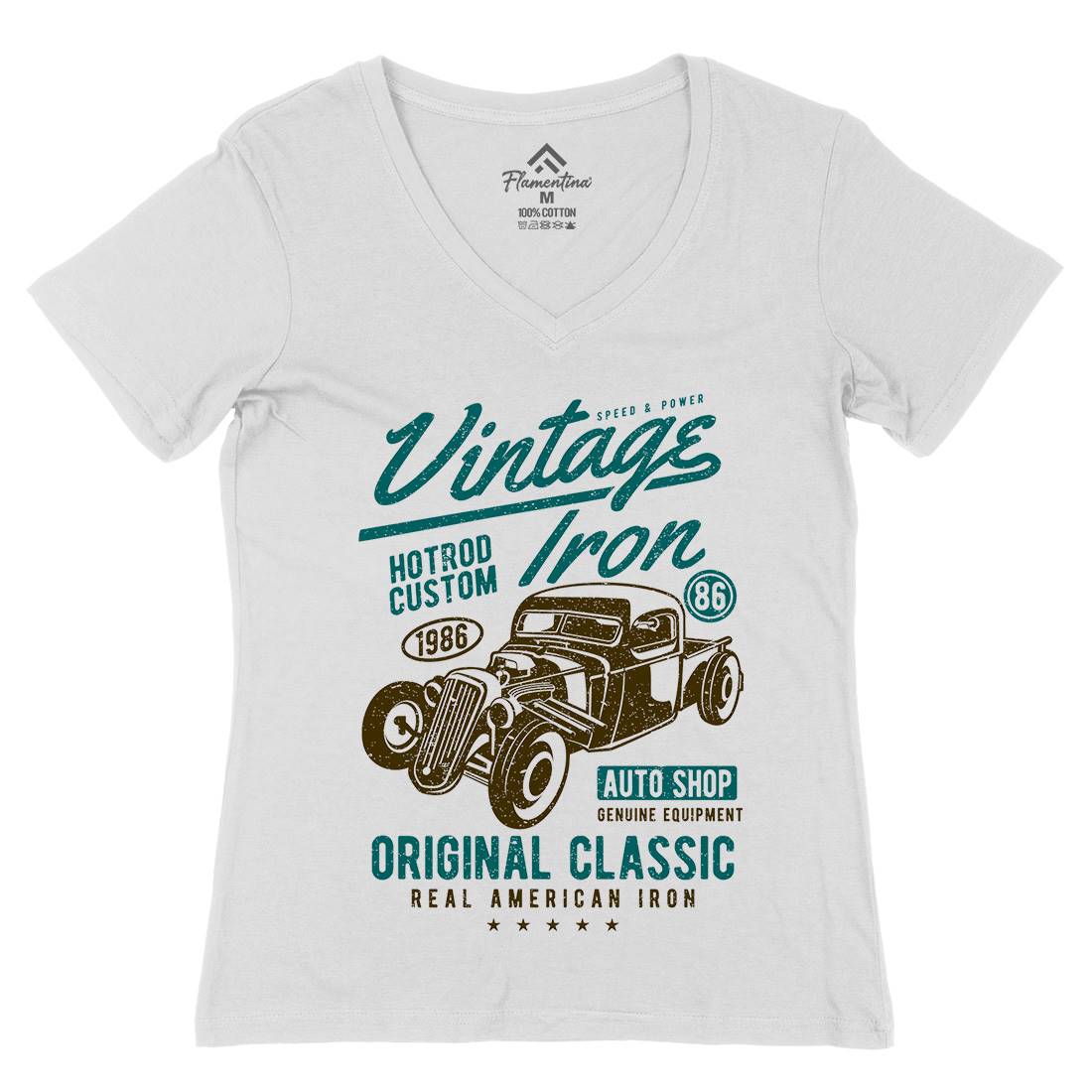 Vintage Iron Womens Organic V-Neck T-Shirt Cars A192
