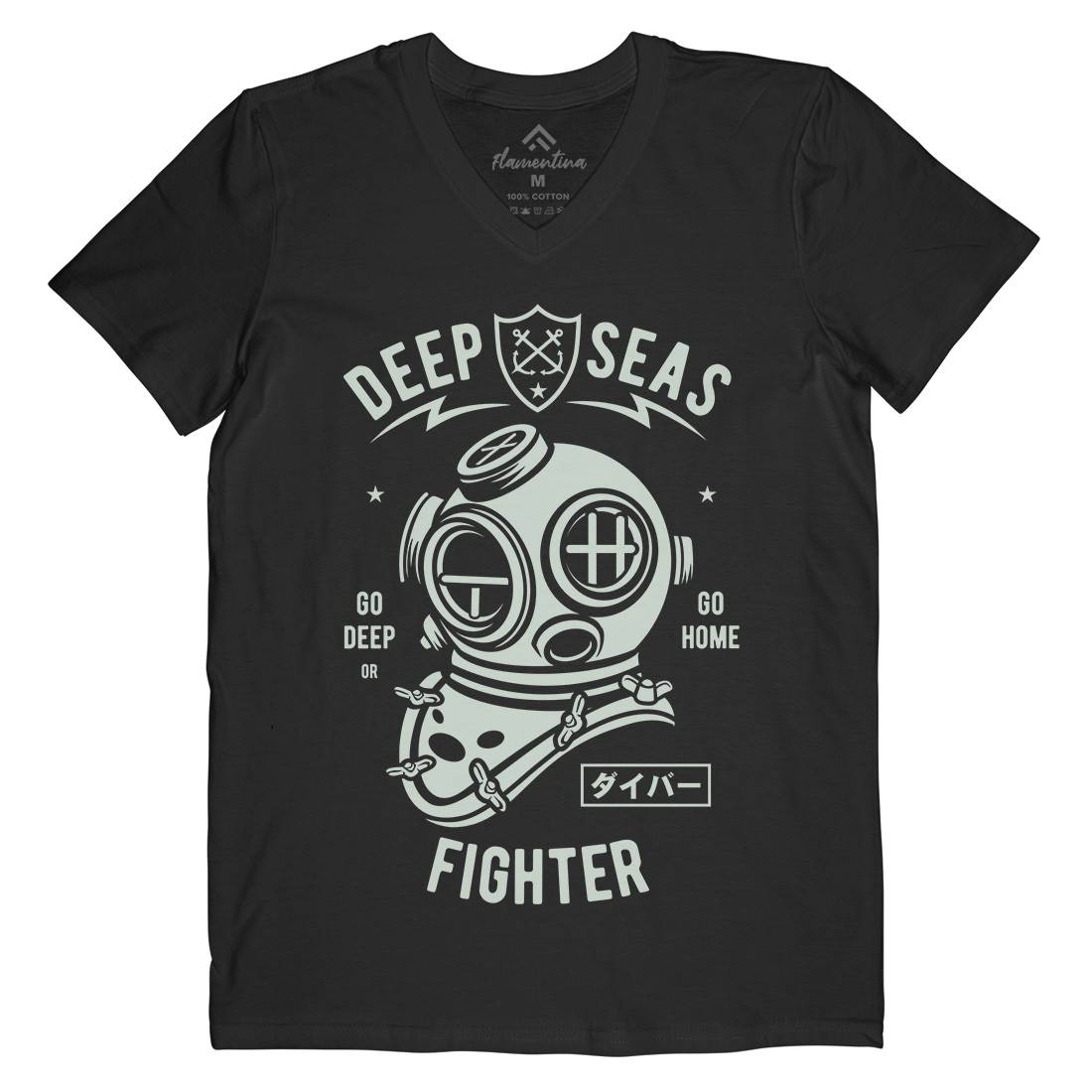 Deep Seas Fighter Mens Organic V-Neck T-Shirt Navy A223