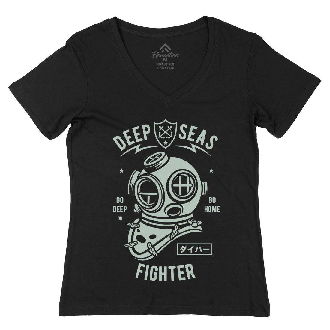 Deep Seas Fighter Womens Organic V-Neck T-Shirt Navy A223