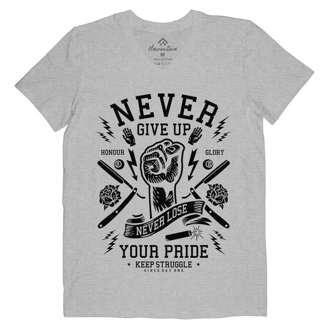 Never Give Up Mens Organic V-Neck T-Shirt Quotes A254