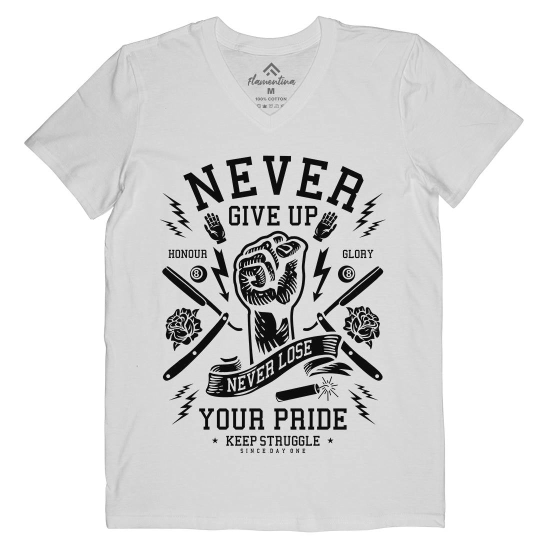 Never Give Up Mens Organic V-Neck T-Shirt Quotes A254