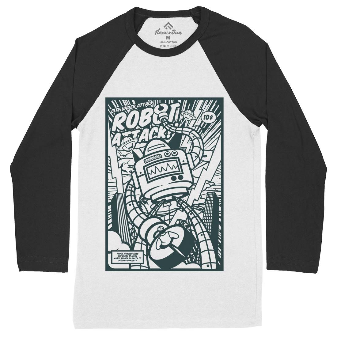 Robot Attack Mens Long Sleeve Baseball T-Shirt Space A271