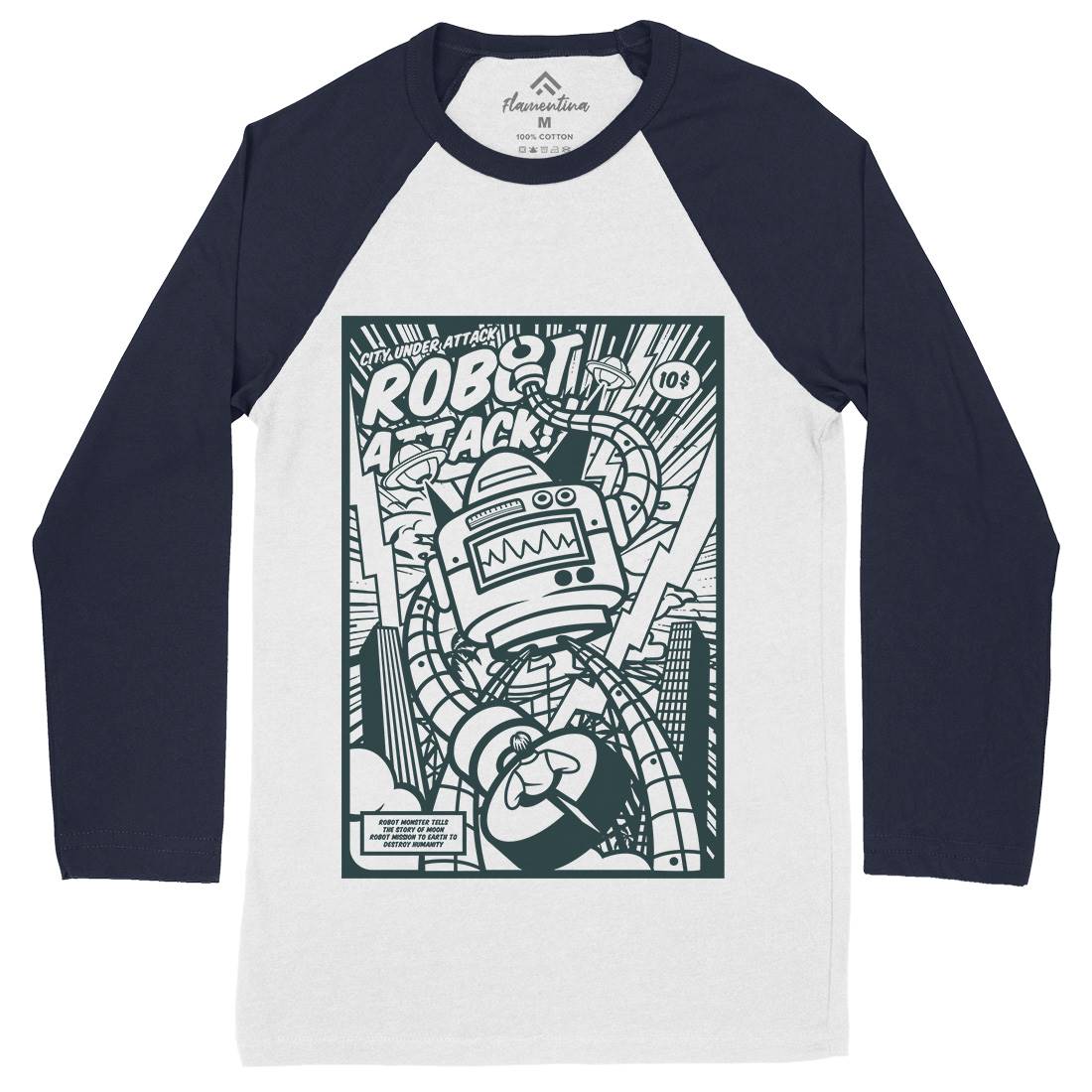Robot Attack Mens Long Sleeve Baseball T-Shirt Space A271