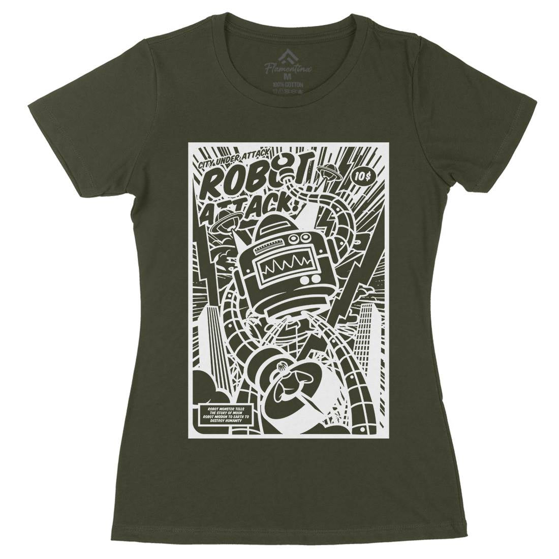 Robot Attack Womens Organic Crew Neck T-Shirt Space A271