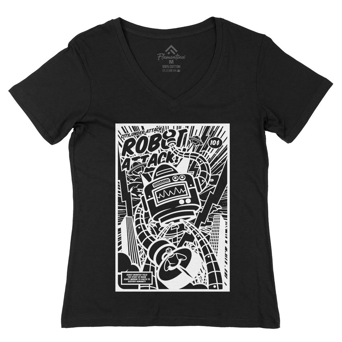 Robot Attack Womens Organic V-Neck T-Shirt Space A271
