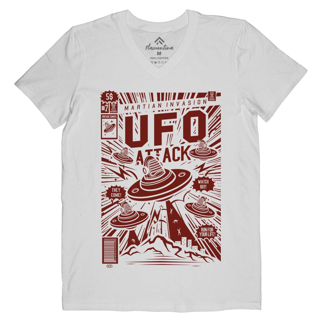 Ufo Attack Mens Organic V-Neck T-Shirt Space A296