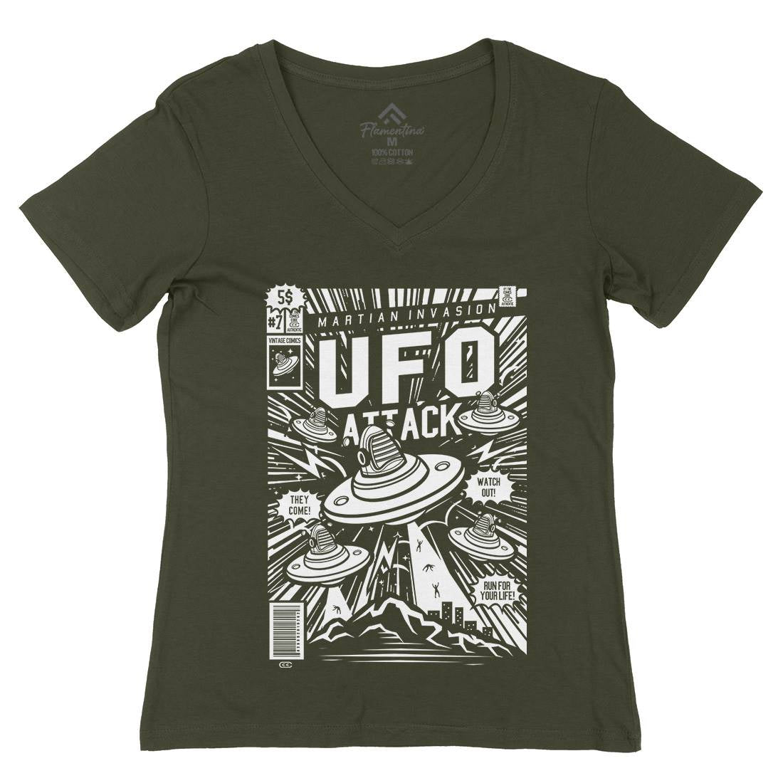 Ufo Attack Womens Organic V-Neck T-Shirt Space A296