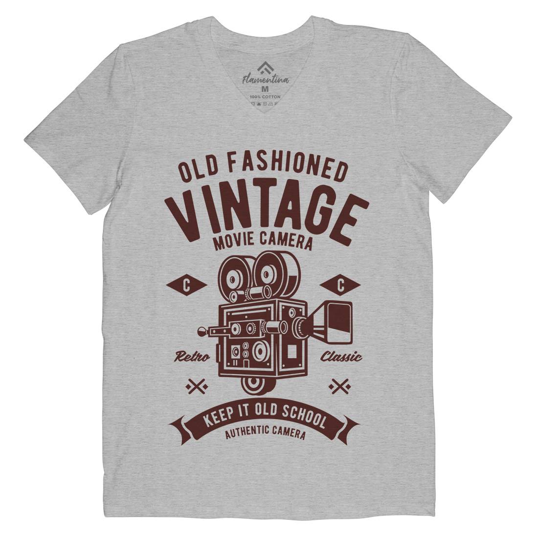Vintage Movie Camera Mens Organic V-Neck T-Shirt Media A299
