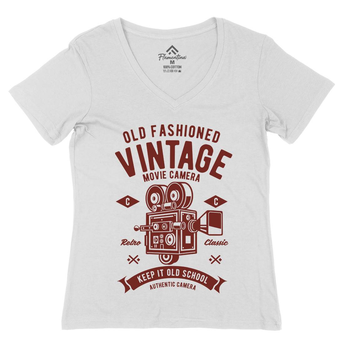 Vintage Movie Camera Womens Organic V-Neck T-Shirt Media A299