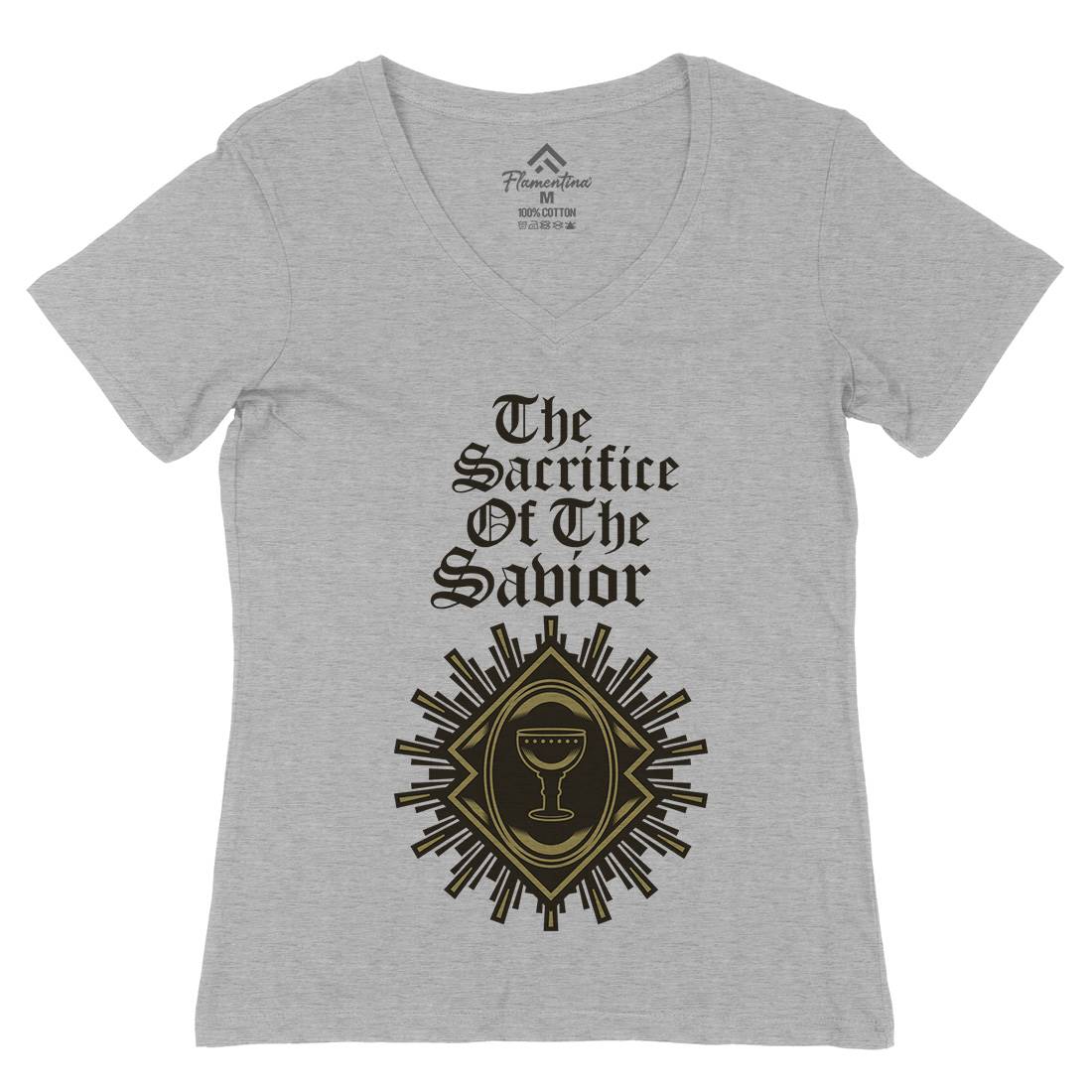 Sacrifice Of The Saviour Womens Organic V-Neck T-Shirt Religion A385