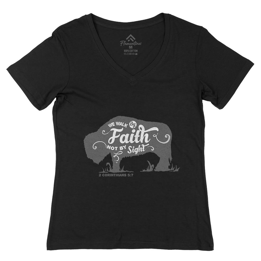 We Walk By Faith Womens Organic V-Neck T-Shirt Religion A392