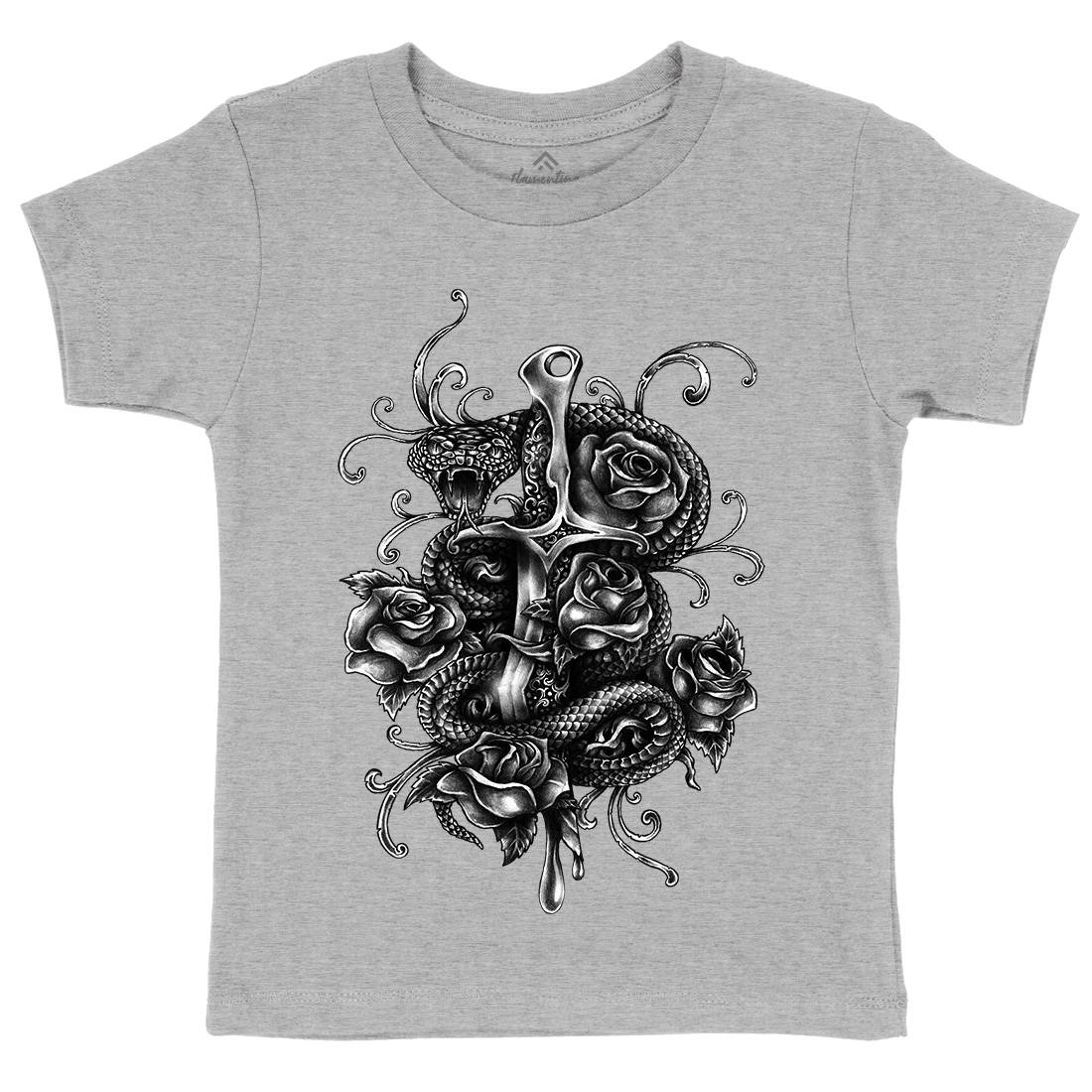 Dagger And Snake Kids Crew Neck T-Shirt Tattoo A413