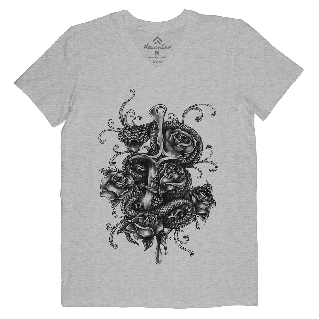 Dagger And Snake Mens V-Neck T-Shirt Tattoo A413