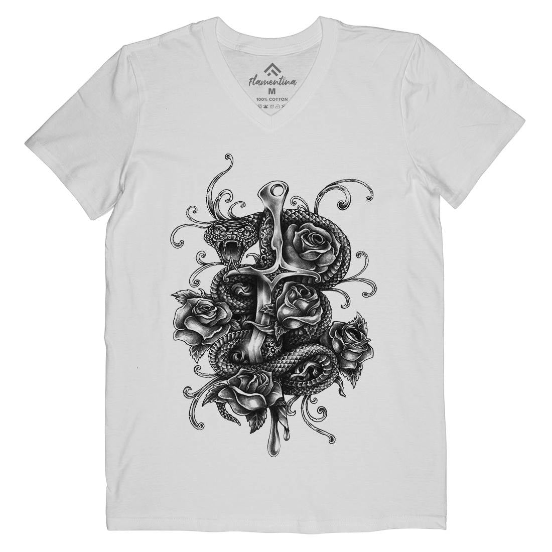 Dagger And Snake Mens Organic V-Neck T-Shirt Tattoo A413