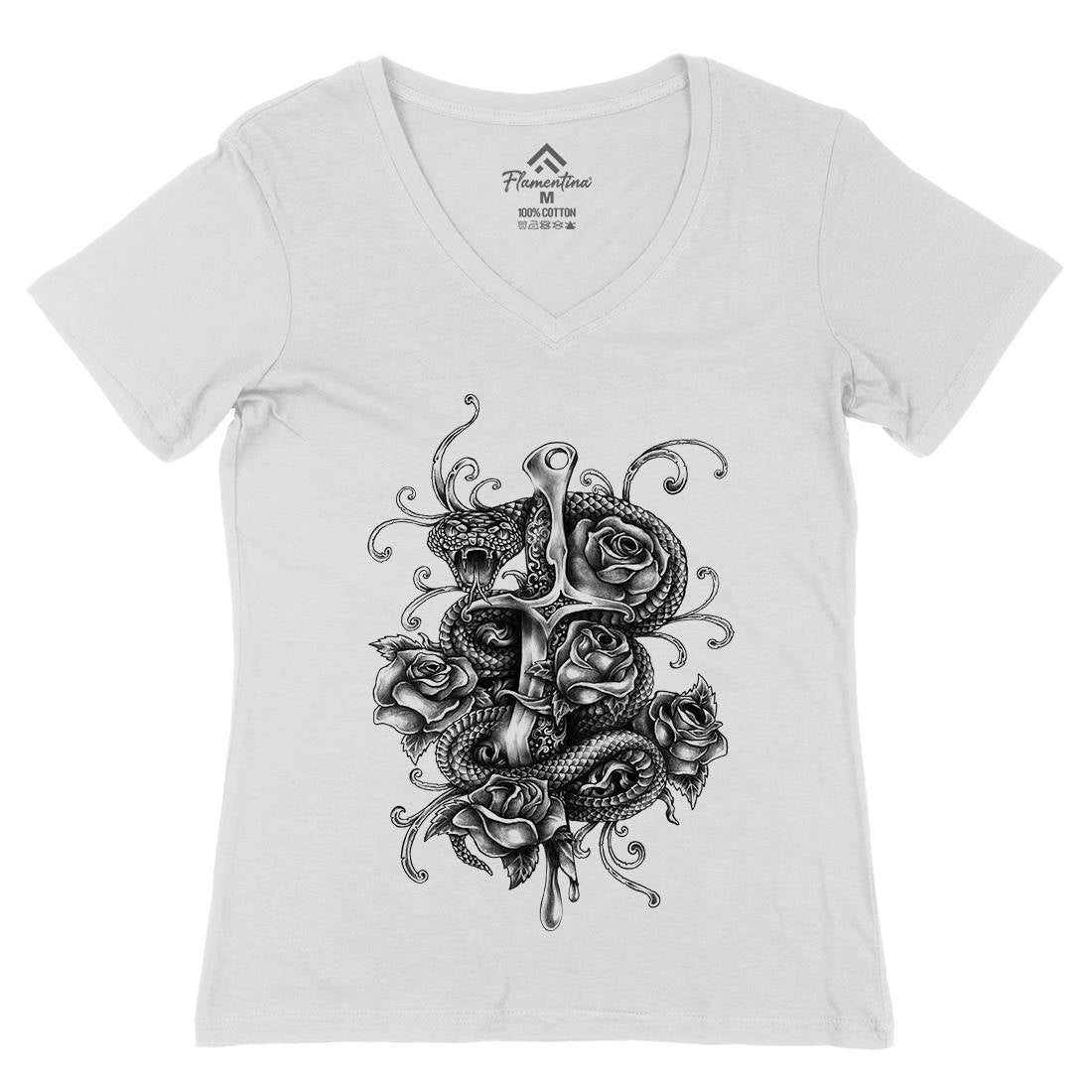Dagger And Snake Womens Organic V-Neck T-Shirt Tattoo A413